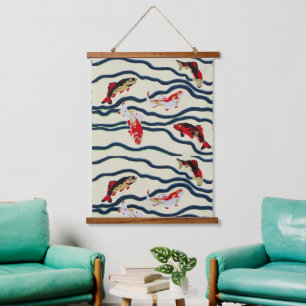Art Deco Colourful Carp Swimming Navy Decor Hanging Tapestry