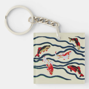 Art Deco Colourful Carp Swimming Navy Decor Key Ring