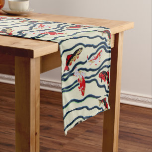 Art Deco Colourful Carp Swimming Navy Decor Long Table Runner