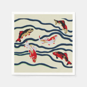 Art Deco Colourful Carp Swimming Navy Decor Napkin