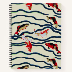Art Deco Colourful Carp Swimming Navy Decor Notebook