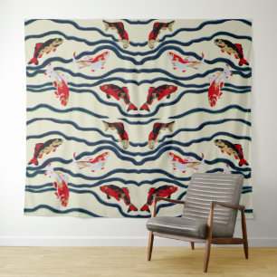 Art Deco Colourful Carp Swimming Navy Decor Tapestry