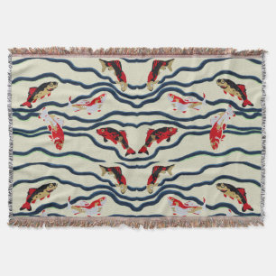 Art Deco Colourful Carp Swimming Navy Decor Throw Blanket