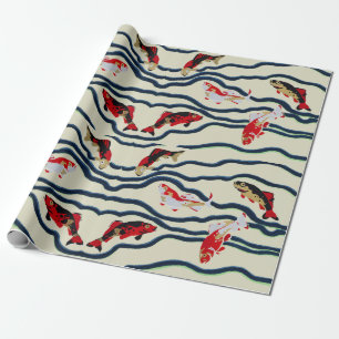 Art Deco Colourful Carp Swimming Navy Decor Wrapping Paper
