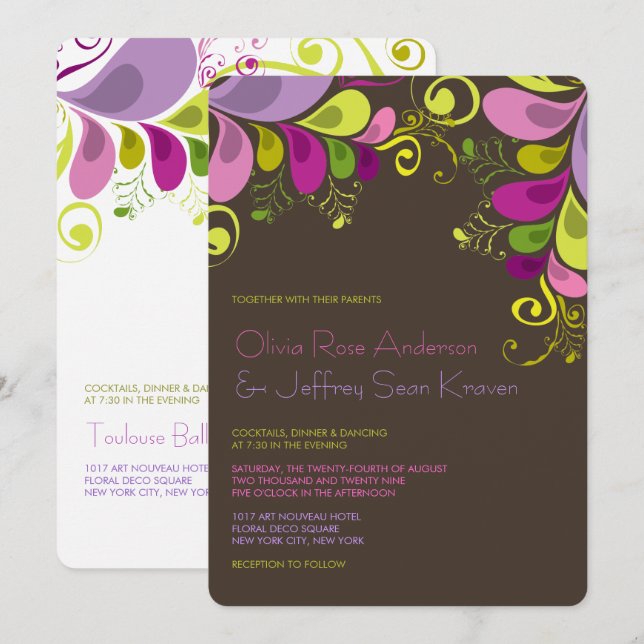 Art Deco Colourful Floral Leaves Wedding Invitatio Invitation (Front/Back)