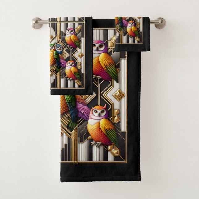 Art Deco Colourful Owl Bath Towel Set (Insitu)