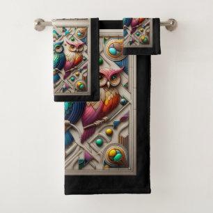Art Deco Colourful Owl Bath Towel Set