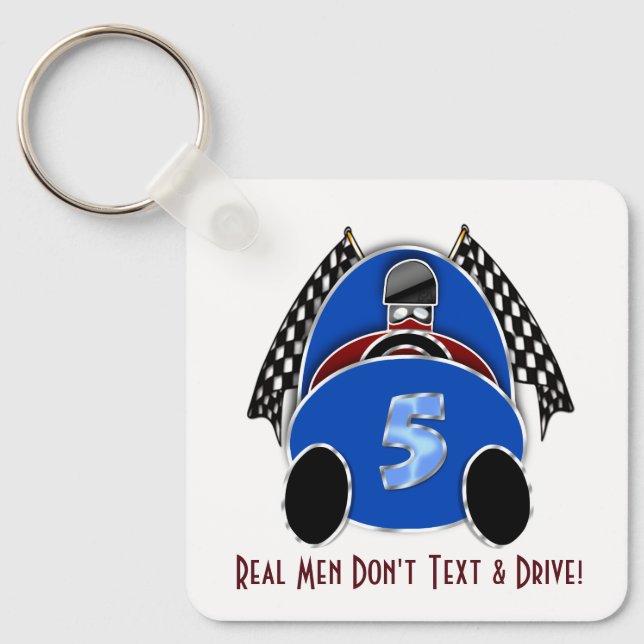 Art Deco Comic Style Blue Race Car (Personalised) Key Ring (Front)