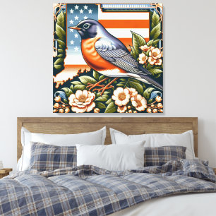 Art Deco Connecticut American Robin and Flower Canvas Print