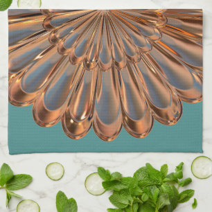 Art deco copper and teal fan shell design tea towel