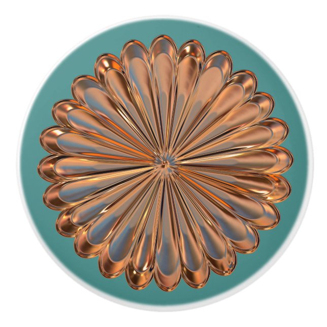 Art deco copper and teal flower metallic medallion ceramic knob (Front)