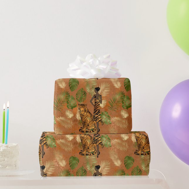 Art Deco Copper Green Gold Tiger Lady  Wrapping Paper (Party Gifts)