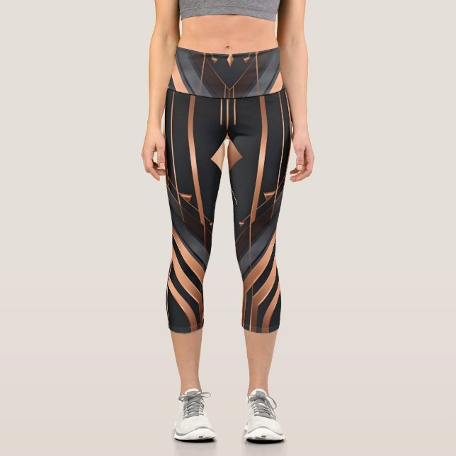 Art Deco Copper & Silver Geometric Design Capri Leggings (Front)