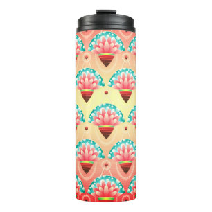 Art deco coral pink flower pattern yellow teal  thermal tumbler
