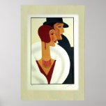 Art Deco Couple 1920s Poster<br><div class="desc">A woman in a red cloche hat, red dress, white fur stole, and beautiful ornate jewellery, poses with her handsome gentleman companion dressed in Homburg hat and overcoat, make an elegant couple in this signed Art Deco illustration of the 1920s. A perfect gift and memorabilia for the lover of vintage...</div>