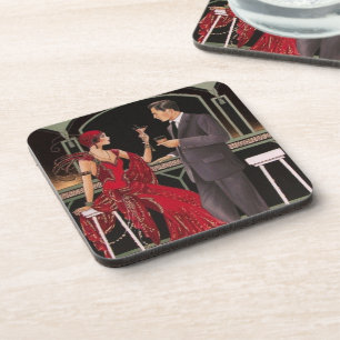 Art Deco Couple Drinks at the Bar Coasters