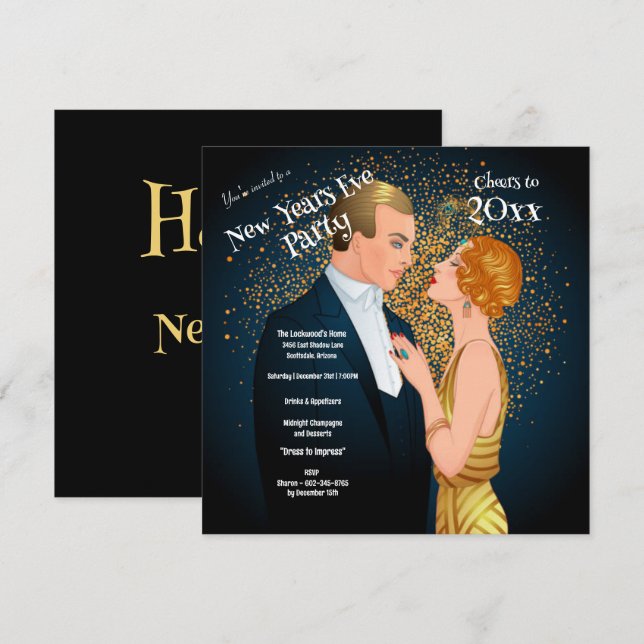 Art Deco Couple New Years Eve Party  Invitation (Front/Back)