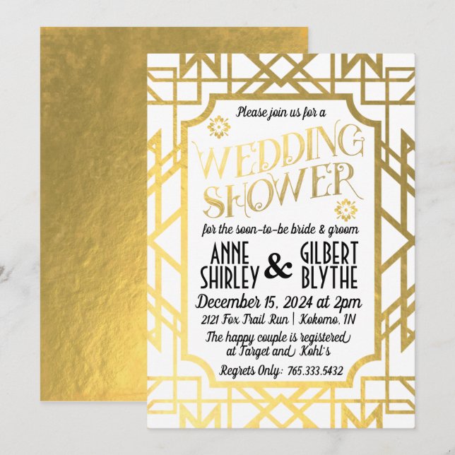 Art Deco Couples Wedding Shower Gatsby Gold Foil Invitation (Front/Back)