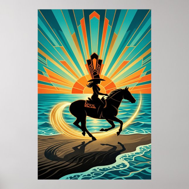 Art Deco Cowgirl Horse Beach Waves Sunset Poster (Front)