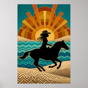 Art Deco Cowgirl Horse Sunset Teal Orange Poster