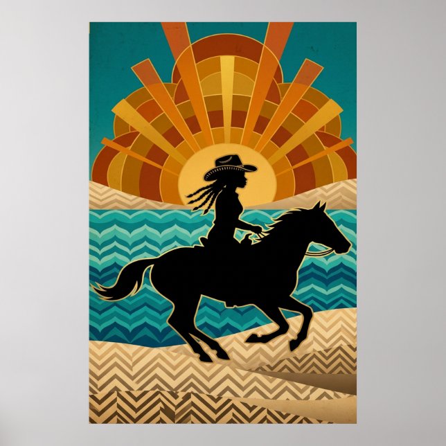Art Deco Cowgirl Horse Sunset Teal Orange Poster (Front)