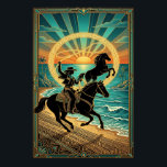 Art Deco Cowgirl Lasso Horse Beach Sunset Poster<br><div class="desc">A stunning blend of Western action and Art Deco elegance set against a tropical horizon. This intricate illustration features a cowgirl silhouette expertly swinging a lasso while riding a galloping horse along a sandy beach. A second wild horse rears in the background, framed by a glowing golden ring and a...</div>