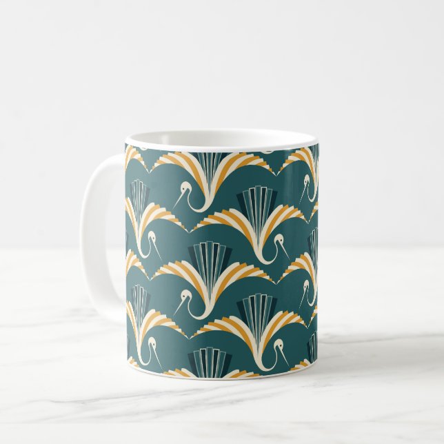 Art Deco Crane - blue background Coffee Mug (Front Left)