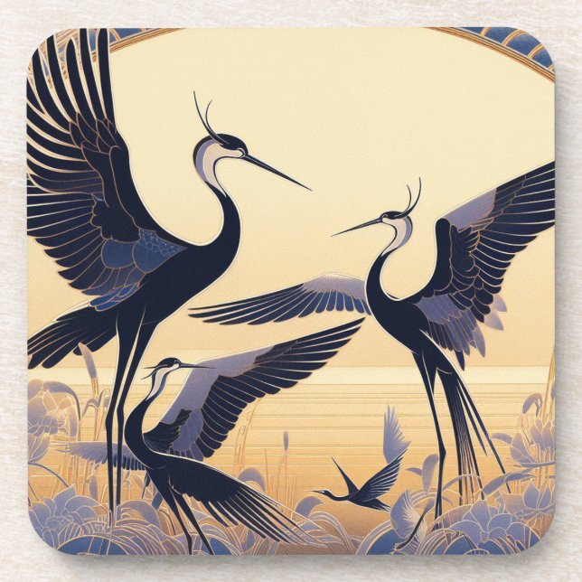 Art Deco Cranes Dancing Hard plastic coaster set (Front)