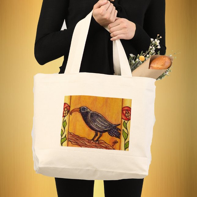 Art Deco Crow and Roses Bag (Black Crow on Branch bordered with Red abstract flowers on stems golden background on tote bag.)
