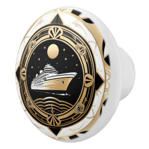 Art Deco Cruise Ship Black White Gold Nautical Ceramic Knob