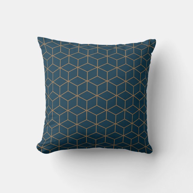 Art Deco Cube Grid Outine In Gold And Blue  Cushion (Front)