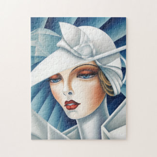 Art Deco Cubism Blue Eyes Woman Portrait Jigsaw Puzzle