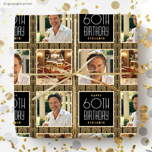 Art Deco Custom Age Photo Birthday Black Gold Chic Wrapping Paper