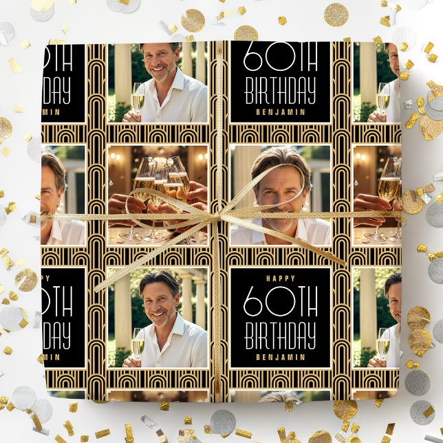 Art Deco Custom Age Photo Birthday Black Gold Chic Wrapping Paper (Creator Uploaded)