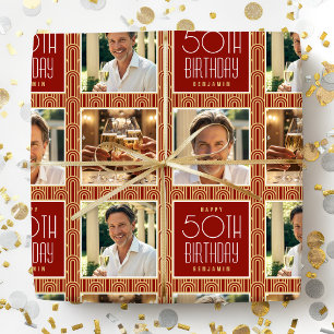 Art Deco Custom Age Photo Birthday Red Gold Chic Wrapping Paper