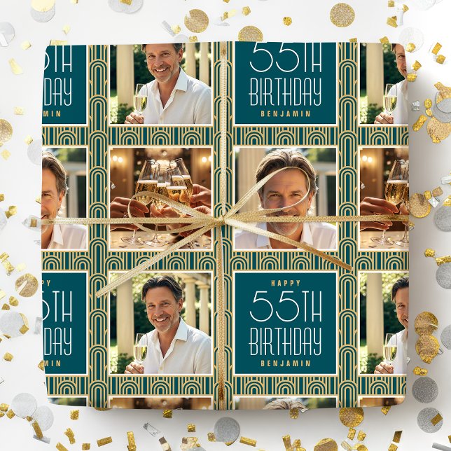 Art Deco Custom Age Photo Birthday Teal Gold Chic Wrapping Paper (Creator Uploaded)