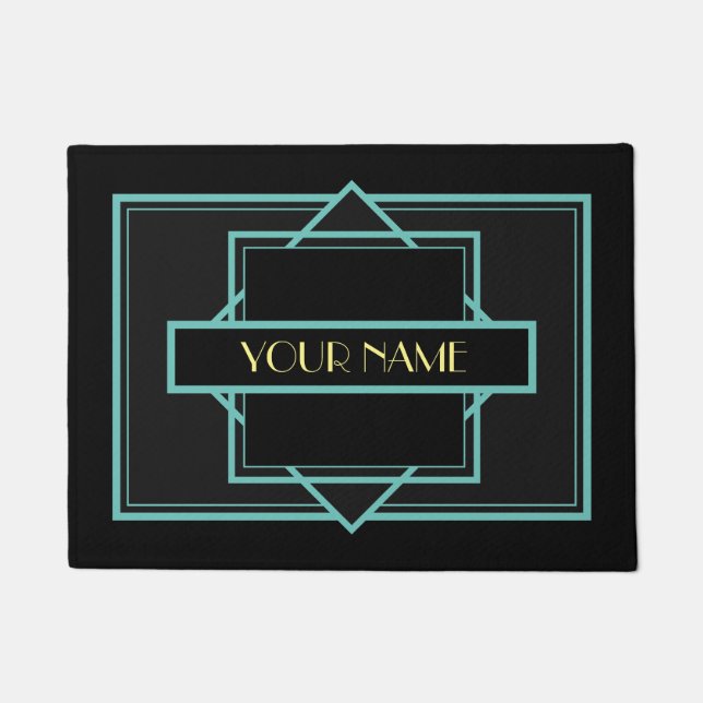 Art Deco Custom Name  -Teal Gold Doormat (Front)