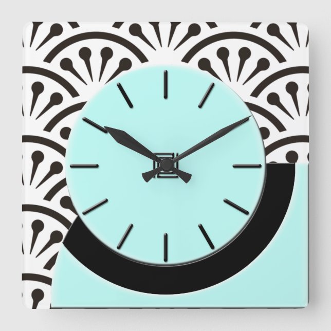 Art Deco Cut-A-Way (Aqua+Black) Square Wall Clock (Front)
