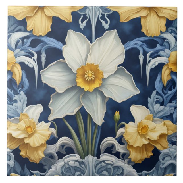 Art Deco Daffodil Flowers Art Nouveau Blue Tile (Front)