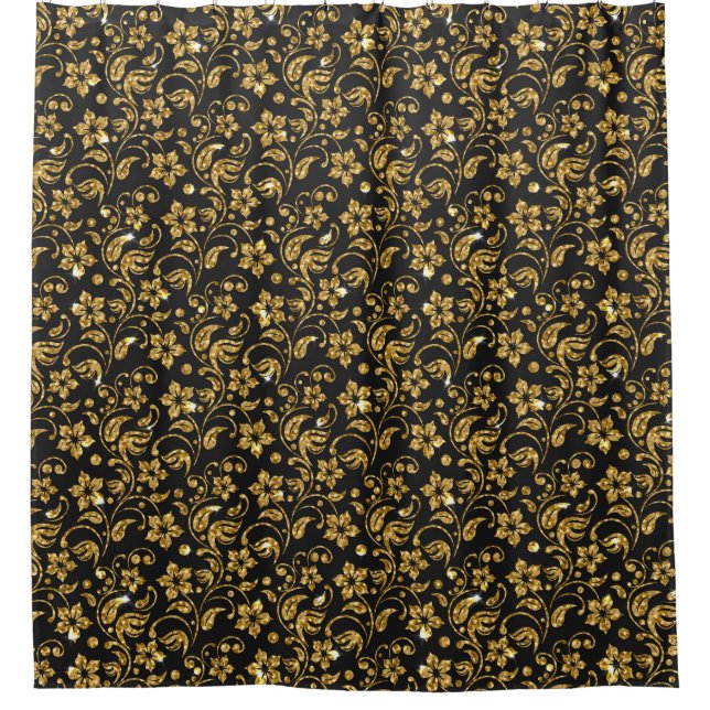 Art Deco Damask Gold & Black Shower Bath Curtains (Front)