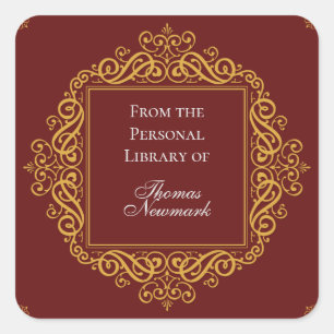 Art Deco Dark Red Gold Filigree Square Bookplate Square Sticker