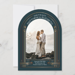 Art Deco Dark Teal Bronze Arch Save the Date Invitation