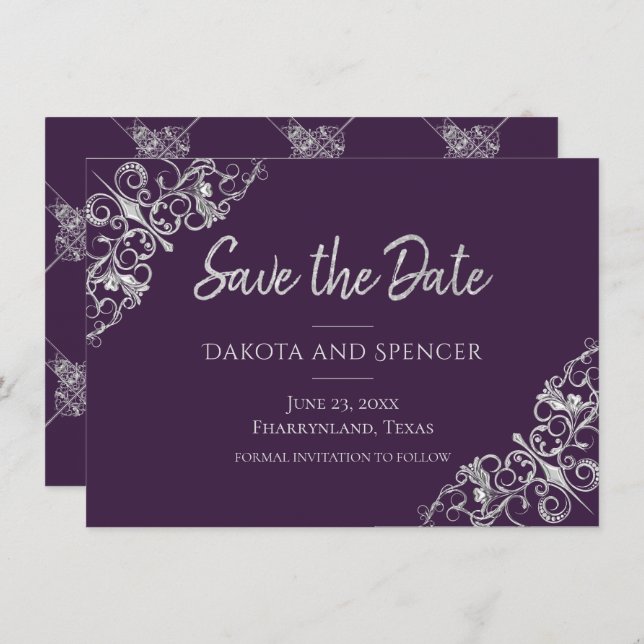 Art Deco Decadence | Purple and Silver Filigree Save The Date (Front/Back)