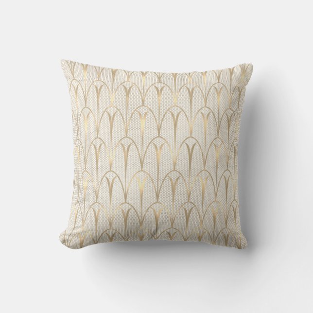 Art Deco Delicate Net Tribal Geometry Ivory Gold Cushion (Front)