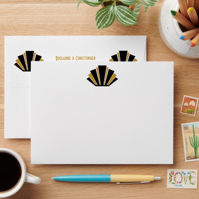 Art Deco Design Black And Gold Wedding Invitation Envelope (Desk)