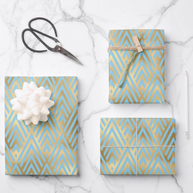 Art Deco Design, Teal & Gold Pattern Wrapping Paper Sheet (Front)
