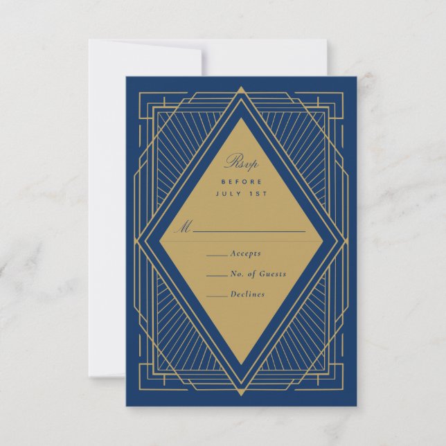 Art Deco Diamond Navy Blue and Gold RSVP Card (Front)
