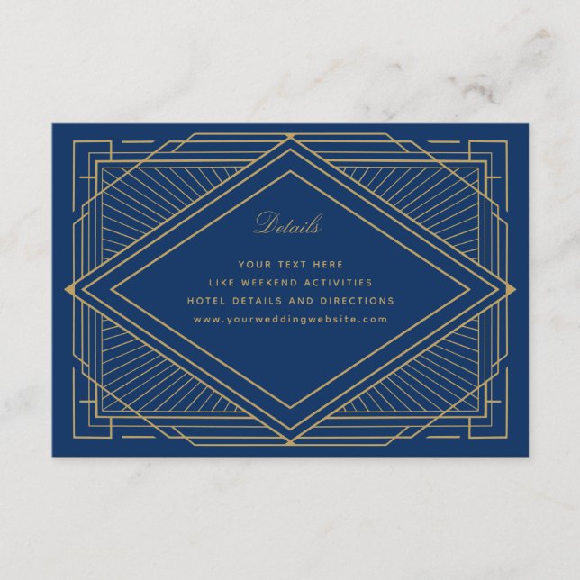Art Deco Diamond Navy Blue and Gold Wedding Enclosure Card (Front)