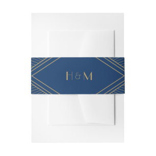 Art Deco Diamond Navy Blue Gold Wedding Invitation Belly Band
