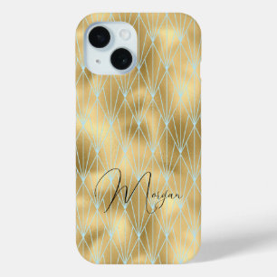 Art Deco Diamond Pattern, Gold & Teal, Script Name iPhone 15 Case